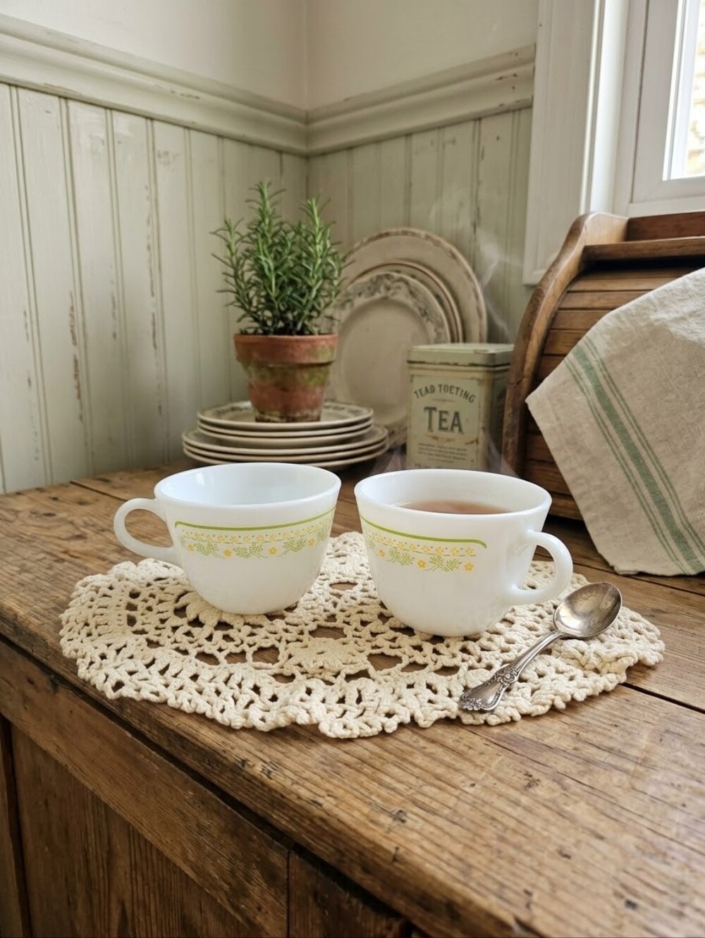 Vintage Pyrex Spring Blossom Green Teacups Set of 2 | Crazy Daisy 70s Milk Glass
